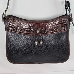 Vintage Brighton Black Embossed Leather Shoulder Bag Croc Accent BowSilver Heart